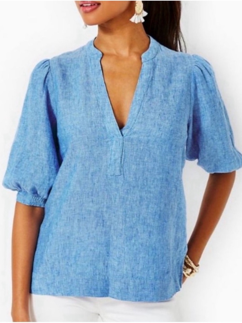 Lilly Pulitzer Mialeigh Linen Tunic Top Size 12 Puff Sleeve Beckon Blue EUC - Picture 8 of 9